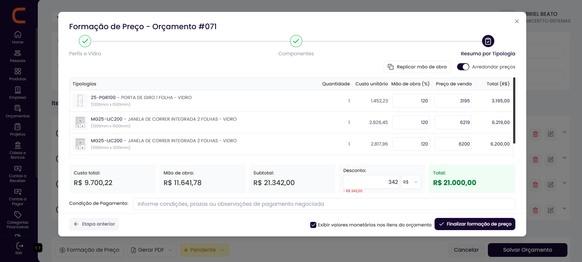 Tela de forma&ccedil;&atilde;o de pre&ccedil;o do or&ccedil;amento no Alumicertto