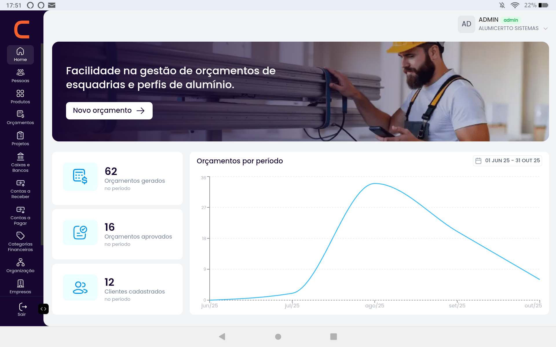 Tela do sistema Alumicertto no tablet
